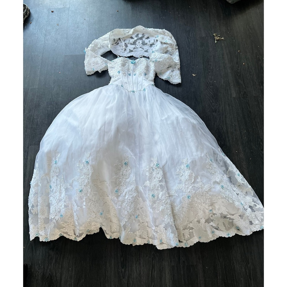 Mary's Bridal White Lace Ball Gown with Blue Floral Accents and Bolero Size 6